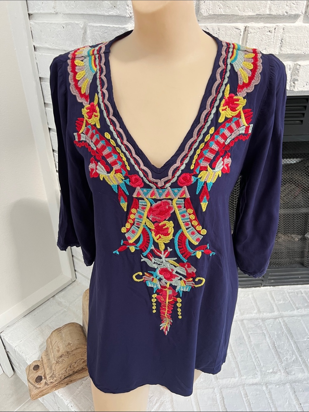 Solitaire Navy Tunic with Multicolor Floral Embroidery